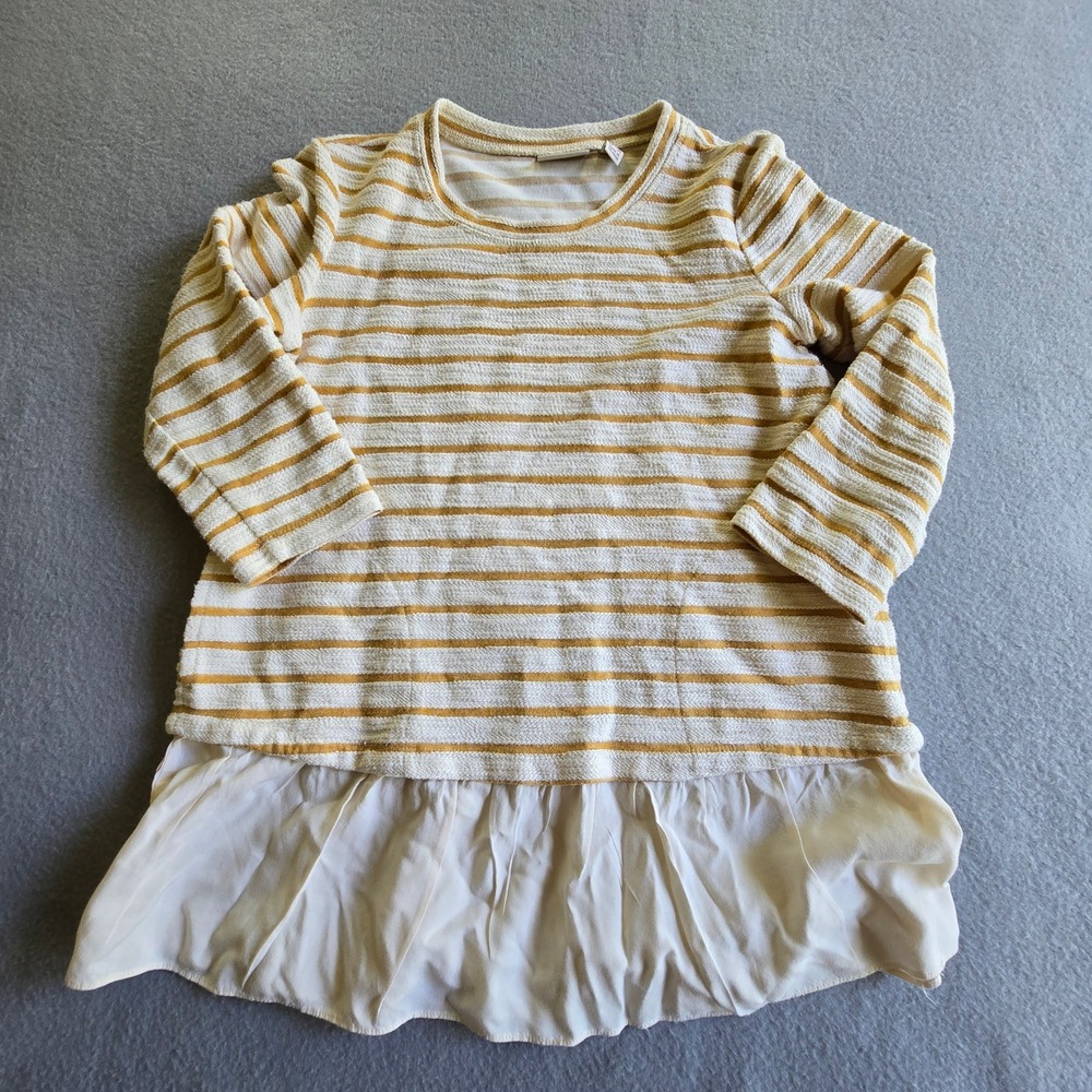 LOGO Lori Goldstein Tunic Womens XXS Yellow Striped Mixed Media Peplum Top